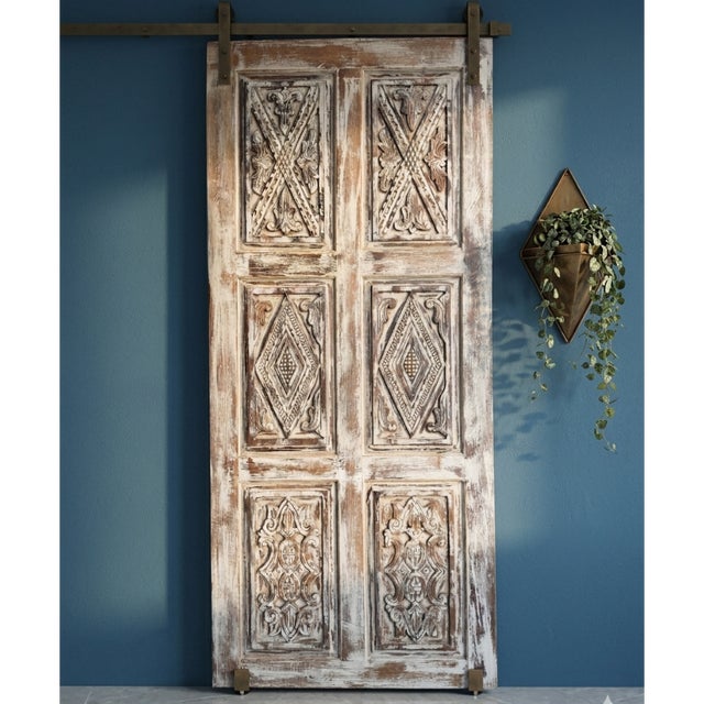 Distressed Hand-Carved Wooden Barn Door With Metal Studs – Vintage Rustic Statement Door 84x36 For Sale In Orlando - Image 6 of 6