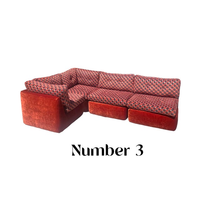 Vintage Mid Century Modern 1970s - 1980s 4 Piece Modular Orange Velvet Geometric Sofa Restored Postmodern 80s For Sale - Image 4 of 12