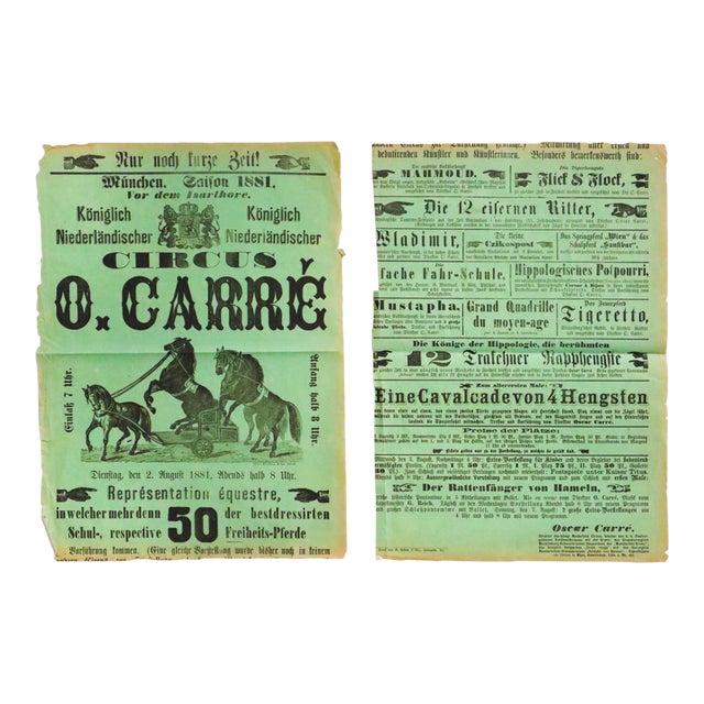 1881 Gerrit Jan Thieme German Circus Poster (Green) - 'Circus O. Carré' (Pair) For Sale