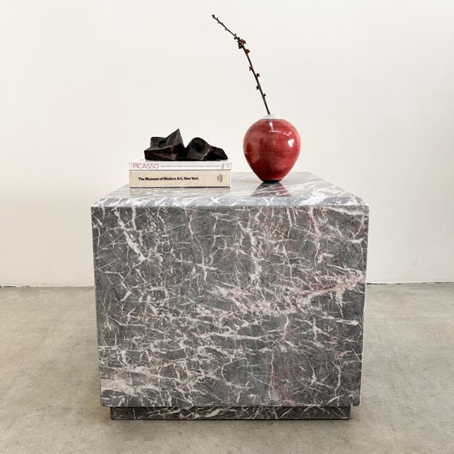 This vintage Mid-Century Modern square marble end table features a honed marble surface in soft grey and cream tones,...
