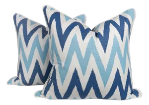 Blue and Ivory Chevron Pillow Covers, a Pair