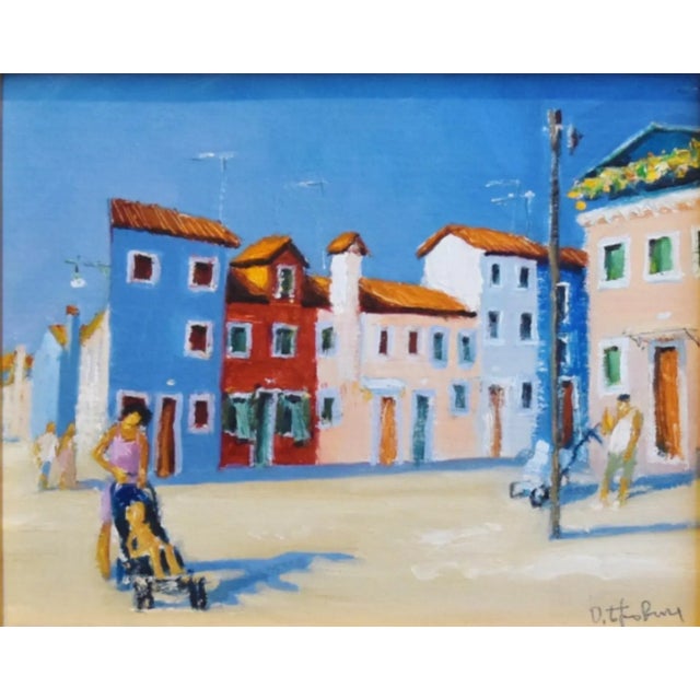 Contemporary impressionist oil painting, depicting a beautiful mediterranean seaside village town cityscape of colorful...