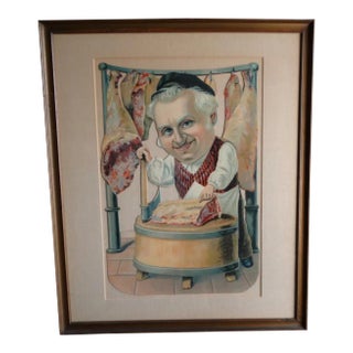 Early 20th Century Comical Stone Litho Display Cutout Figure of German Butcher For Sale