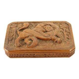 19th Century Carved Exotic Wood Scale Box With Lion & Dragon, Bali For Sale