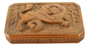 19th Century Carved Exotic Wood Scale Box With Lion & Dragon, Bali