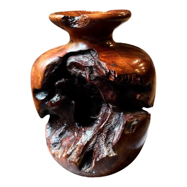 Vintage Large Burlwood Hand Turned Brutalist Art Vase For Sale