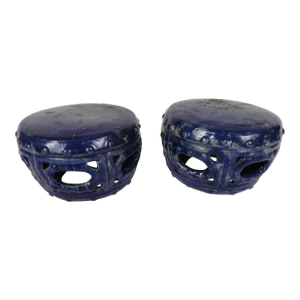 19th Century Vintage Blue Garden Stools - a Pair