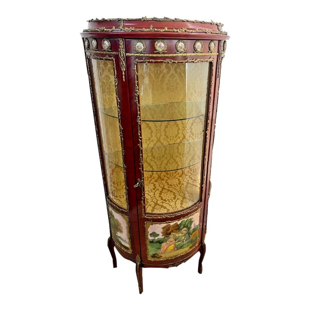 Vintage French Curio China Cabinet Vitrine Demilune Lighted Locking Curved Glass For Sale