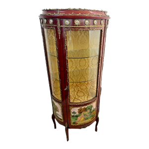 Vintage French Curio China Cabinet Vitrine Demilune Lighted Locking Curved Glass
