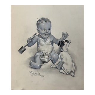 1940s Original Signed Graphite Illustration of Baby Feeding Small Terrier Puppy, 8.75 × 7.25 In. For Sale