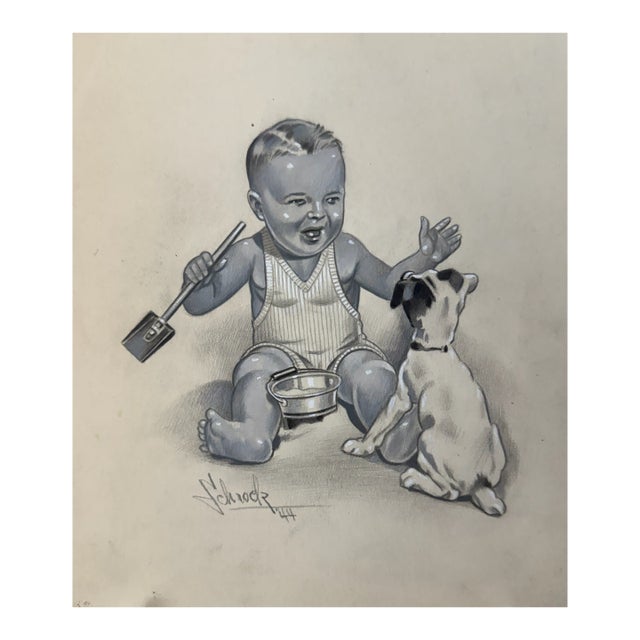 1940s Original Signed Graphite Illustration of Baby Feeding Small Terrier Puppy, 8.75 × 7.25 In. For Sale