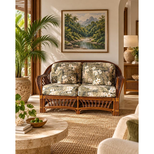 Beautiful vintage loveseat featuring a sculptural rattan frame with intricate woven details and leather-wrapped joints....