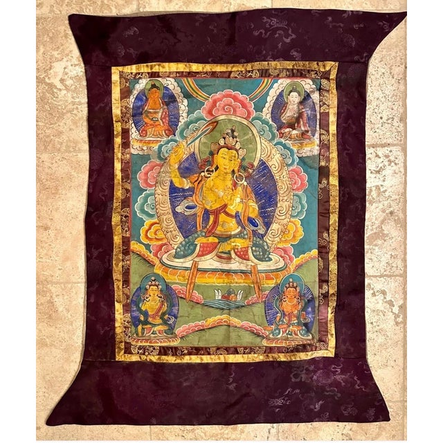 Antique 19th Century Tibetan Manjushri Thangka – Bodhisattva of Wisdom in Custom Silver Gilt Frame For Sale - Image 14 of 18