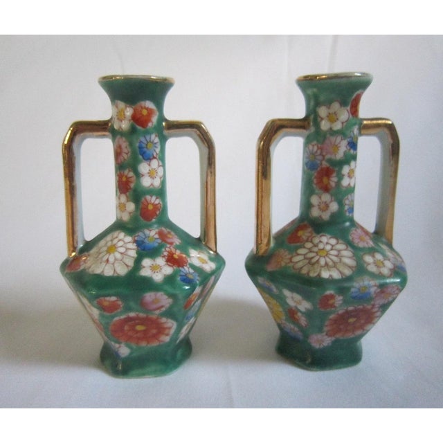 Pair of Chrysanthemum miniature vases. Produced by Meiko China in occupied Japan. Jade colored background with brightly...