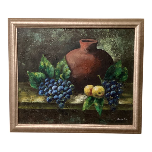 Vintage Still Life Oil Painting "Fruits and Clay Pot" Signed by Artist Framed For Sale