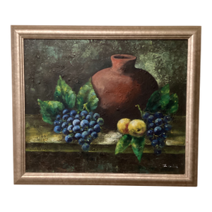 Vintage Still Life Oil Painting "Fruits and Clay Pot" Signed by Artist Framed