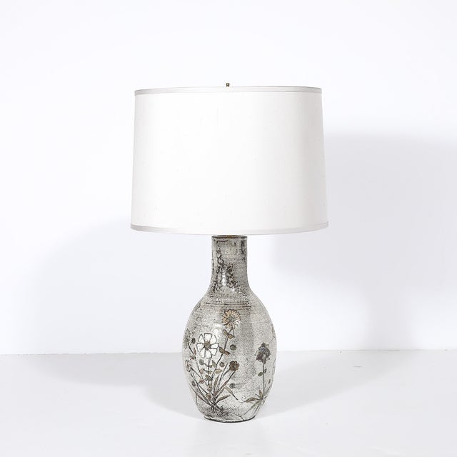 1950s Mid-Century Gray Glazed Ceramic Table Lamp With Floral Motifs by Paul Quéré For Sale - Image 5 of 14