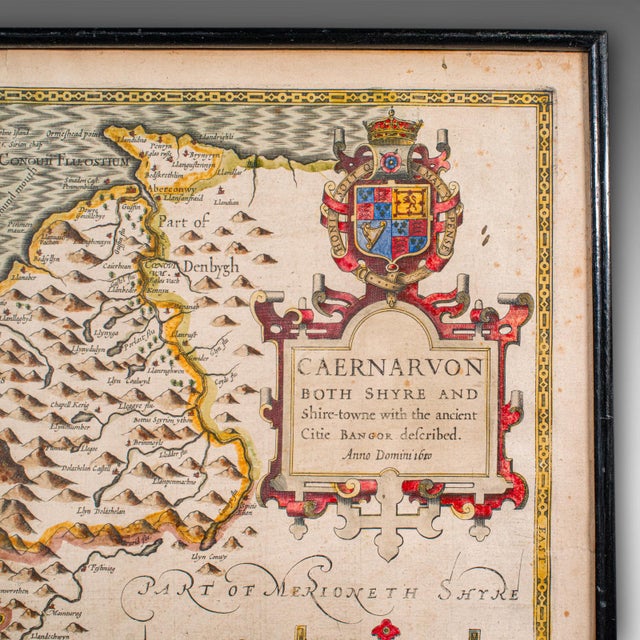 17th Century Antique Caernarvon Map, Framed Cartography, Welsh County, John Speed, Circa 1610 For Sale - Image 5 of 12
