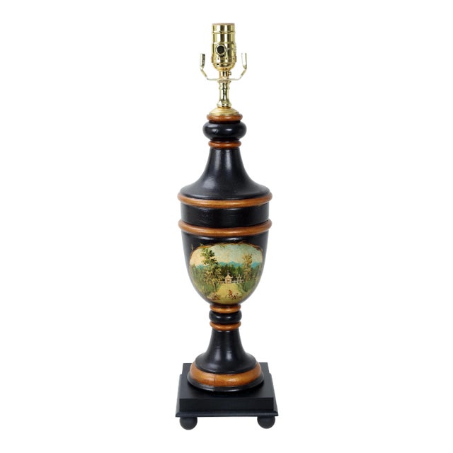Vintage Black and Gold Color Trophy Lamp With Painted Scene For Sale