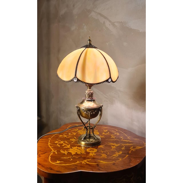 Antique Brass Oil Lamp in Glass with Lead Lampshade, 1880 For Sale - Image 3 of 7
