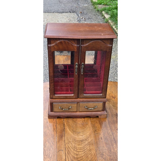 Vintage Wooden Jewelry Armoire With Etched Glass Doors & Red Velvet Lined Interior For Sale - Image 9 of 16