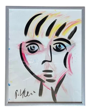 Contemporary Abstract Face Portrait Acrylic Painting by Peter Keil, Framed