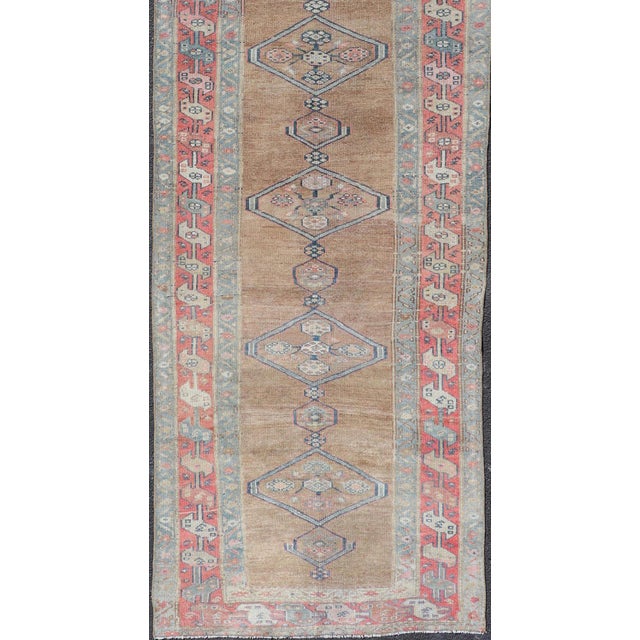 Antique Sarab Runner with Sub-Geometric Medallion Design in Red, Blue & Brown. Antique Sarab Runner, rug EMB-22134-15040;...