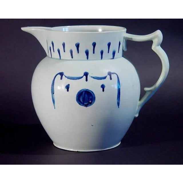 English Pearlware Pottery Large Underglaze Blue Jug With Flowers and Drapery Circa 1820–1830 For Sale - Image 4 of 9