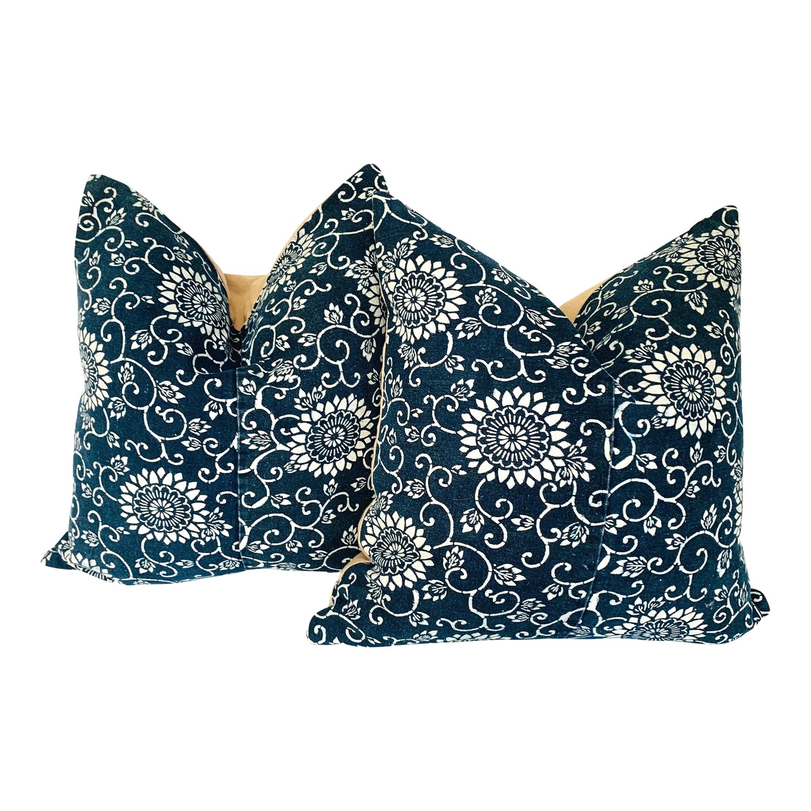 Japanese Indigo KataZome Pillows, 17" x 17" A Pair Chairish