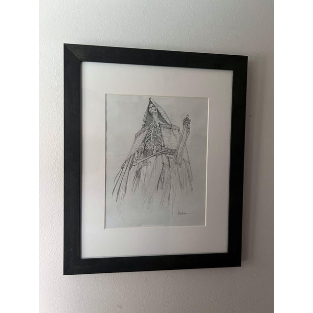 This graphite sketch depicts a skeletal figure draped in tattered robes, evoking a sense of mystery and foreboding. The...