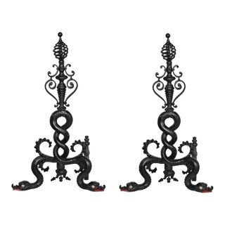 Andirons Antique Wrought Iron With Serpentine Shaft, Scrollwork and Birdcage Finials - A Pair For Sale