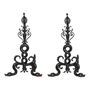 Antique Andirons With Serpentine Shaft, Scrollwork and Birdcage Finials - A Pair