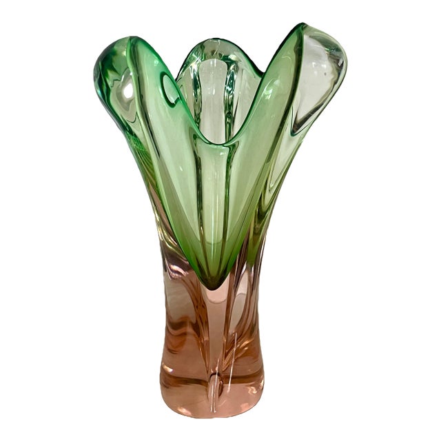 Large 1960's Asymmetrical Green and Gentle Pink Art Glass Vase, Josef Hospodka for Chrisbska For Sale