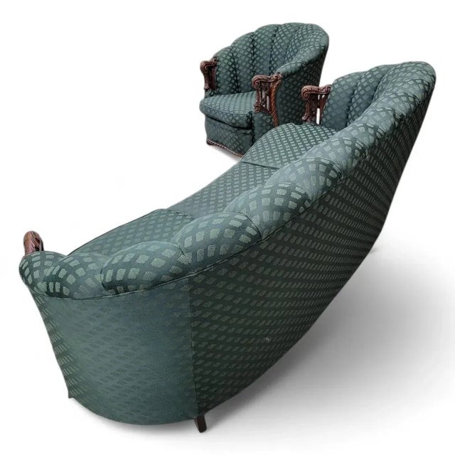 Art Deco Carved Ornate Channel Back Curved Sofa, Lounge Chair and Ottoman for Reupholstery - Set of 3 For Sale - Image 12 of 12