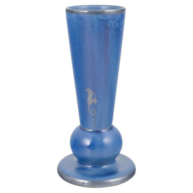 1960s Tall Vintage Vase in Intense Blue Glaze with Stylised Motif, 1960s For Sale - Image 5 of 5