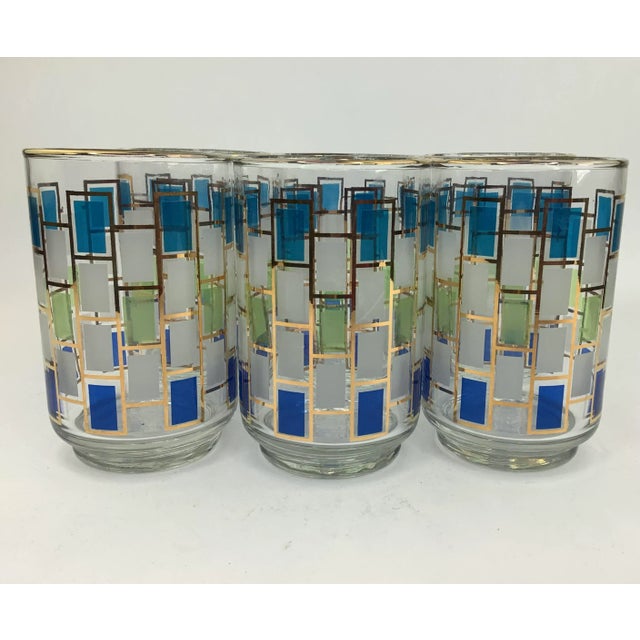 Libbey Glass Co. Vintage Libbey "Nordic" Tumblers With Blue and Gray Rectangles and Gold Decoration - Set of 6 For Sale - Image 4 of 4