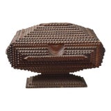 Antique Folk Art Tramp Art Box on Pedestal Base With Red Velvet Lining For Sale