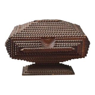 Antique Folk Art Tramp Art Box on Pedestal Base With Red Velvet Lining For Sale