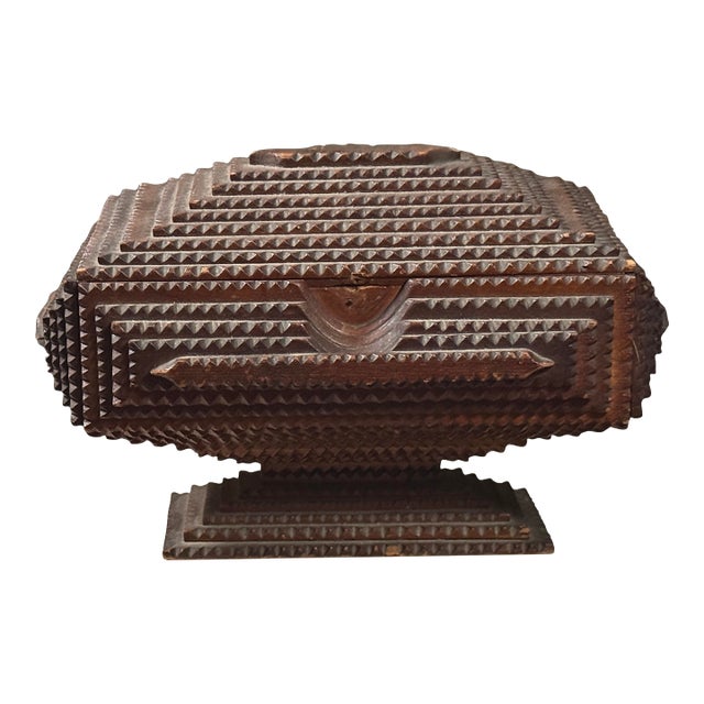 Antique Folk Art Tramp Art Box on Pedestal Base With Red Velvet Lining For Sale