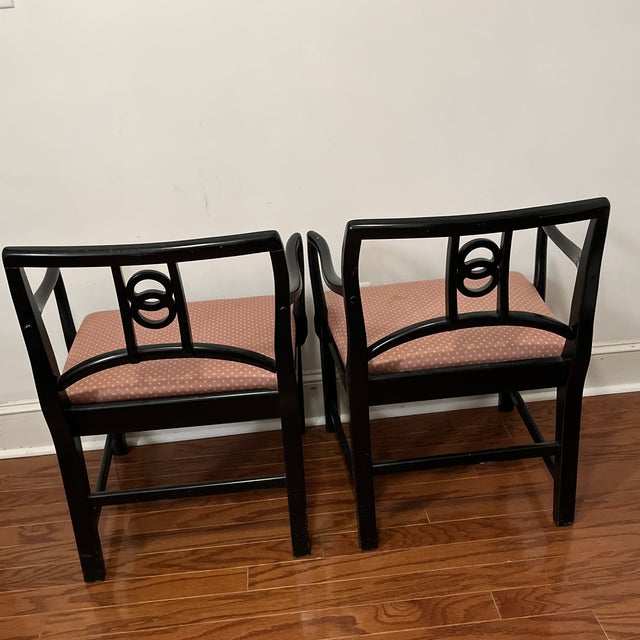 Mid-Century Modern Pair Vintage MCM Blowing Rock Upholstered Arm Chairs Black Wood North Carolina For Sale - Image 3 of 12