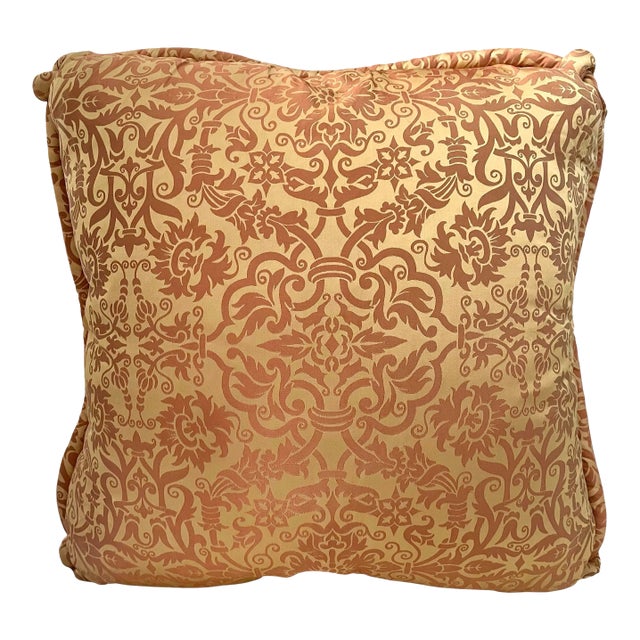 Fortuny Silk Pillow in Burnt Orange & Gold Custom With Down Insert. 20”. For Sale