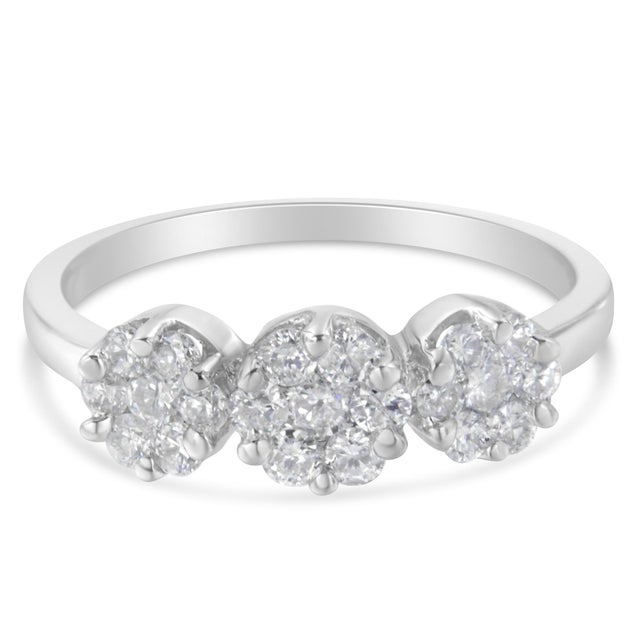 This classic three stone past present and future ring features a three-stone round cut diamond look. A modern twist on the...