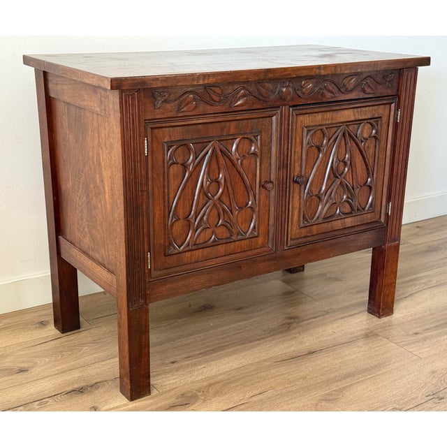Gothic Revival Hand-Carved Walnut Cabinets/Side Tables - Pair For Sale - Image 9 of 12