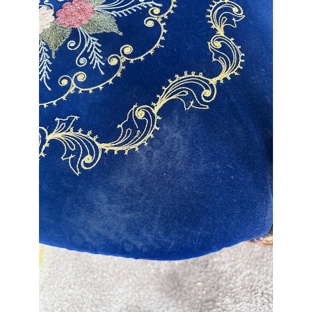 Mid 20th Century French Louis XVI Style Giltwood & Navy Embroidered Velvet Fauteuils- Pair For Sale - Image 17 of 18
