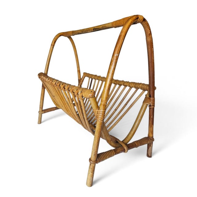 Wood Franco Albini Style Mid 20th Century Bentwood Bamboo & Rattan Magazine Rack For Sale - Image 7 of 11
