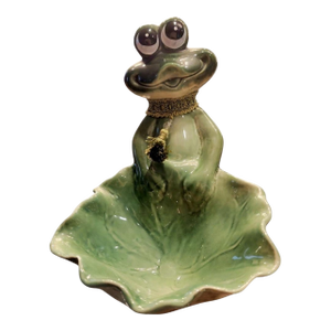 Vintage Green Whimsical Frog Lily Pad Dish Catchall Statue Tray