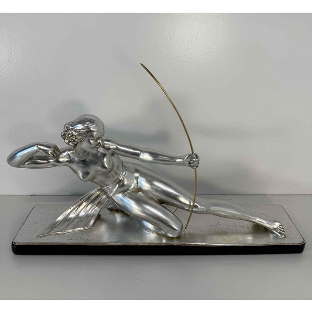 Salvatore Melani, Art Deco Diana the Huntress Sculpture, Silver Leaf Sculpture, 1930s For Sale - Image 3 of 13