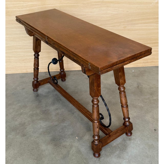 Mid 19th Century 20th Century Spanish Console Fold Out Farm Table with Wood Stretcher For Sale - Image 5 of 18