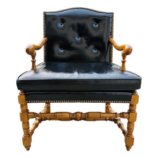 Vintage Barnard & Simonds Black Leather Armchair | 1960s American Traditional | Button-Tufted Leather & Bobbin-Turned Wood For Sale