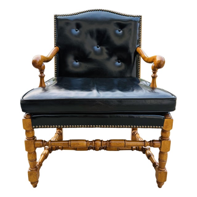 Vintage Barnard & Simonds Black Leather Armchair | 1960s American Traditional | Button-Tufted Leather & Bobbin-Turned Wood For Sale